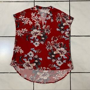 SHEIN; Red, Green, Cream Flowery Patterns V-neck Short-long Top